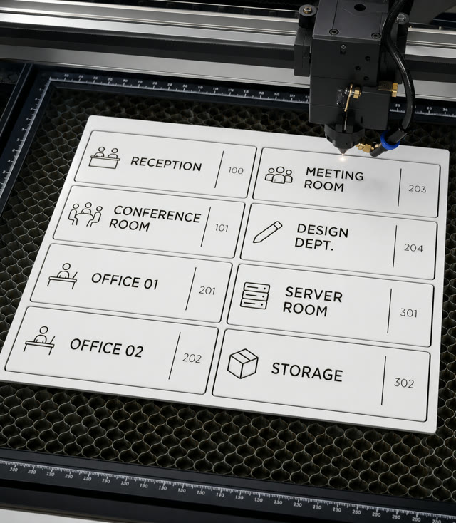 Engraved nameplates on a CO2 laser bed